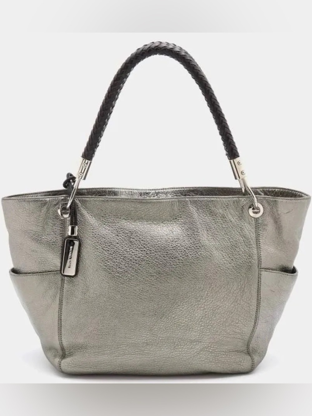 Michael Kors Skorpios Metallic Silver Leather Tote Bag Purse with Braided Handle - Picture 1 of 12